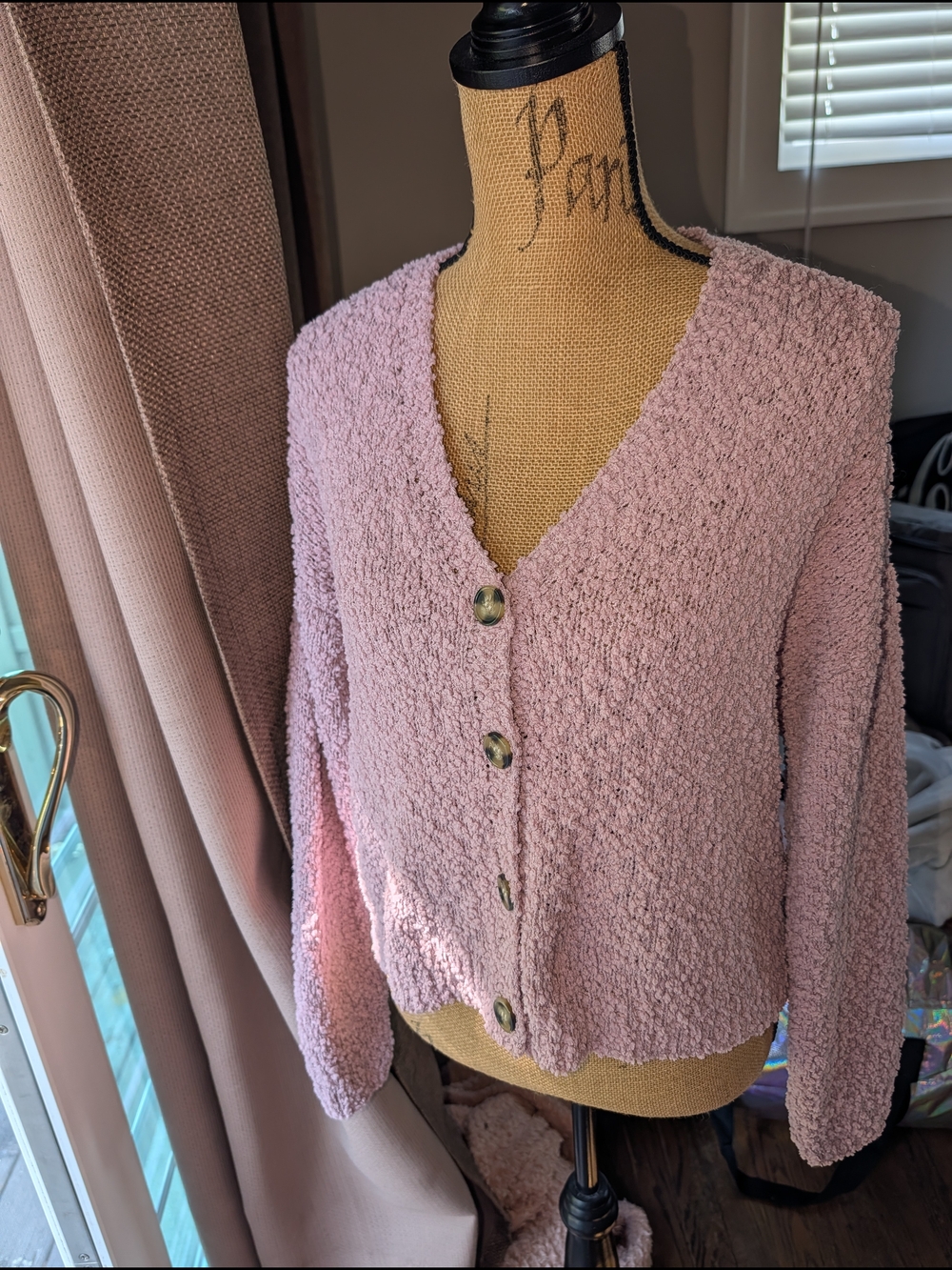 Sanctuary Pink Bouclé Button-Front Cardigan